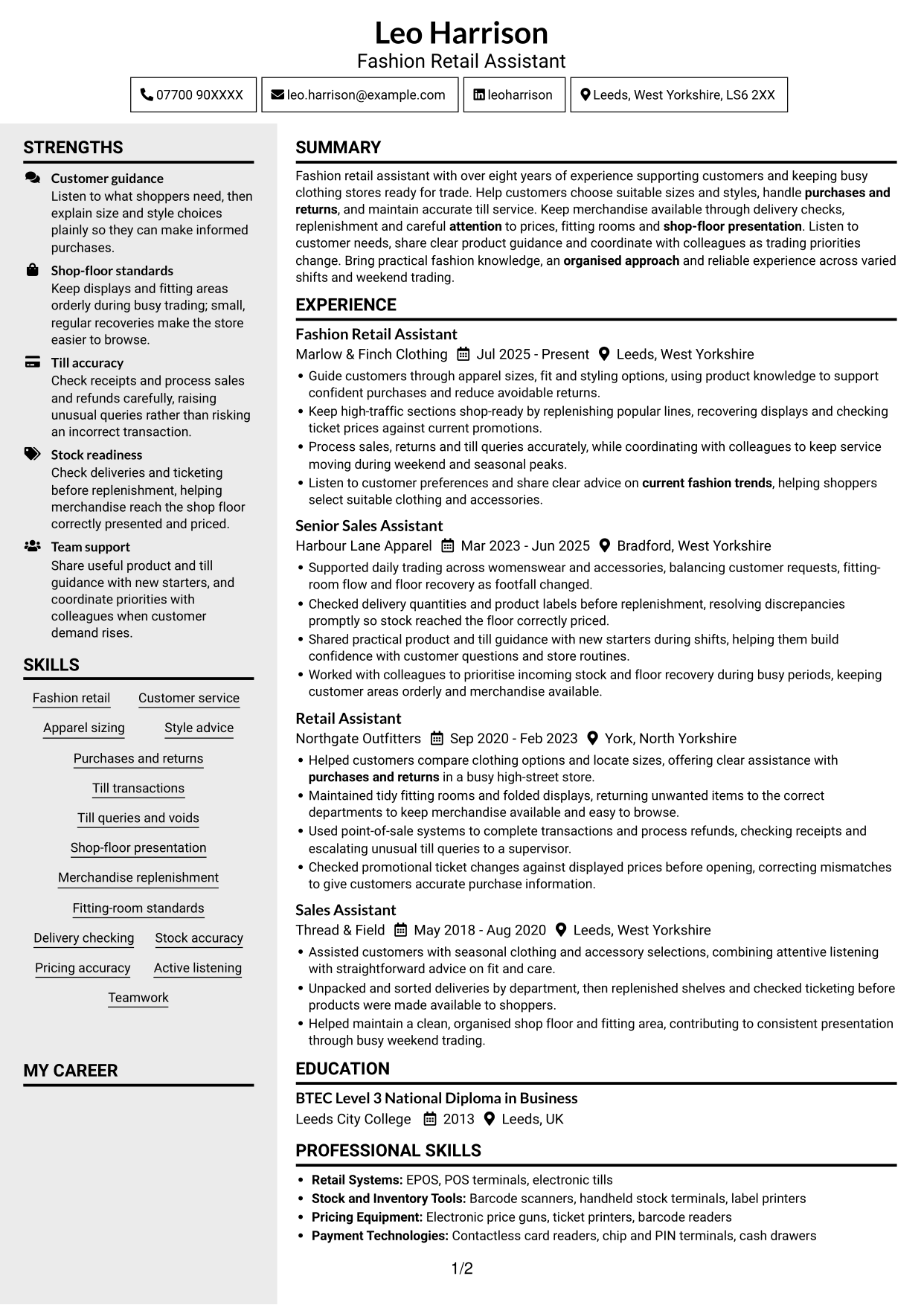 CV example — page 1