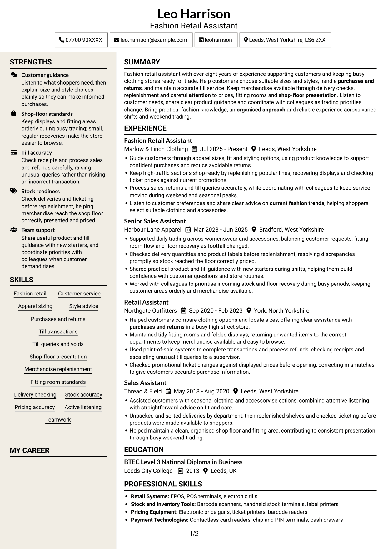 CV example — page 1