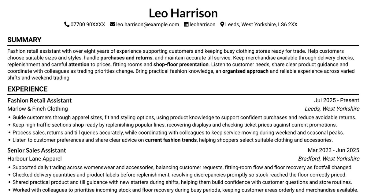 7 Retail Assistant - Fashion Retail CV Templates with Example