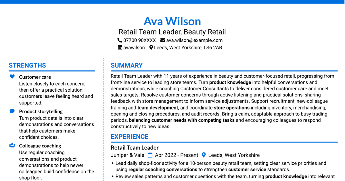 7 Retail Team Leader - Beauty Retail CV Templates with Example