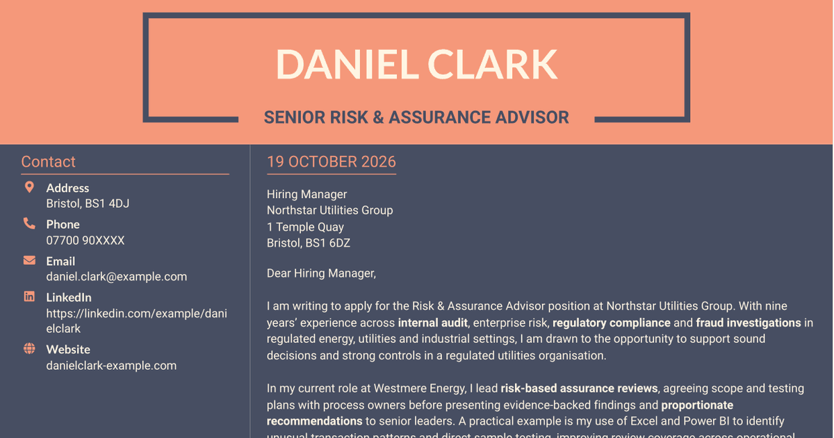 7 Risk & Assurance Advisor - Internal Audit and Regulatory Compliance Cover Letter Templates with Example