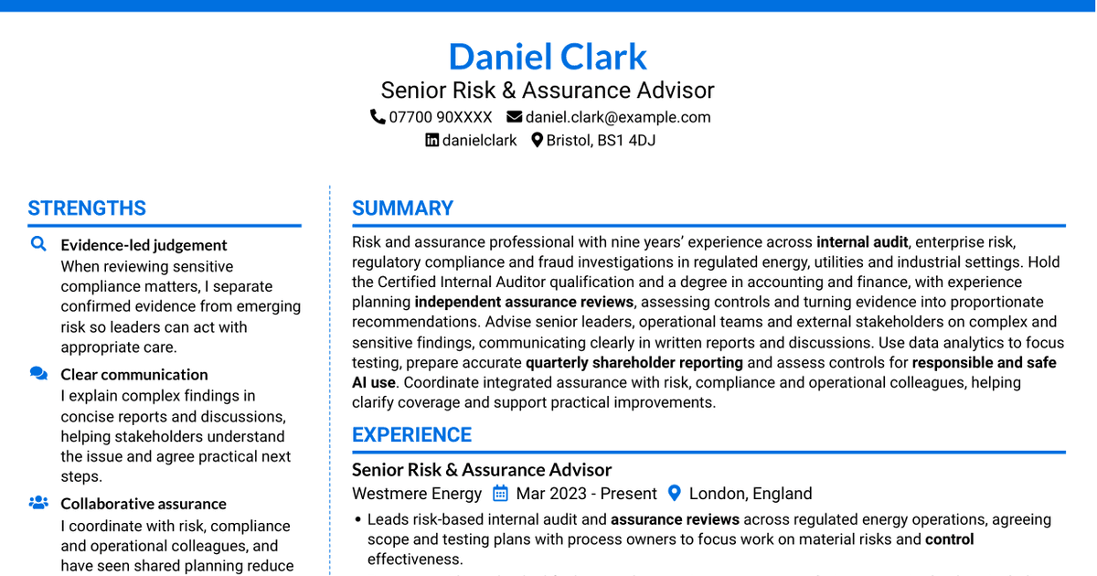 7 Risk & Assurance Advisor - Internal Audit and Regulatory Compliance CV Templates with Example
