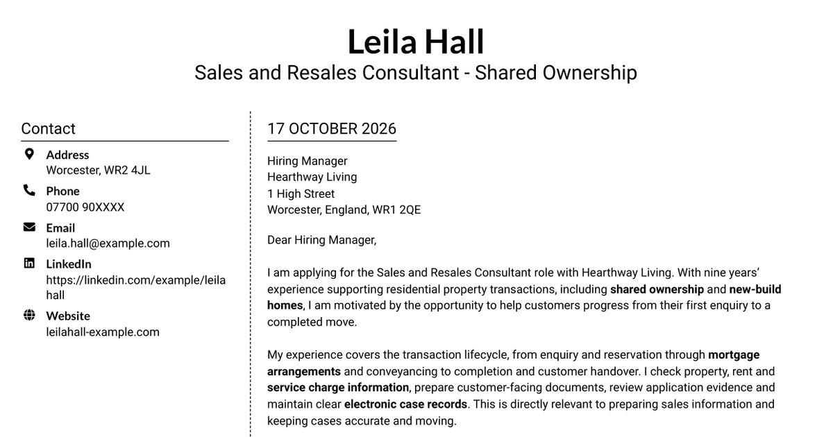 7 Sales and Resales Consultant - Shared Ownership Cover Letter Templates with Example