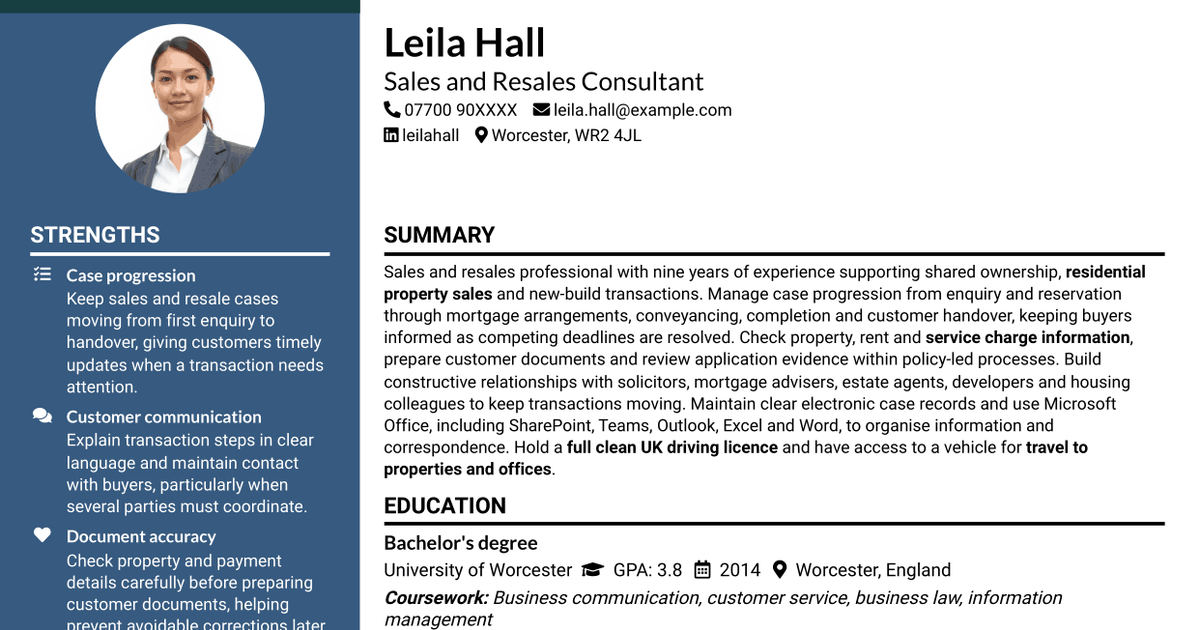 7 Sales and Resales Consultant - Shared Ownership CV Templates with Example