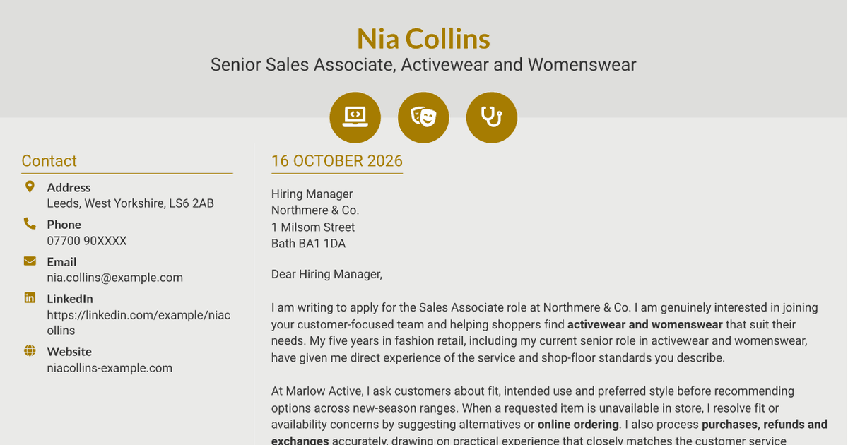 7 Sales Associate - Activewear and Womenswear Cover Letter Templates with Example