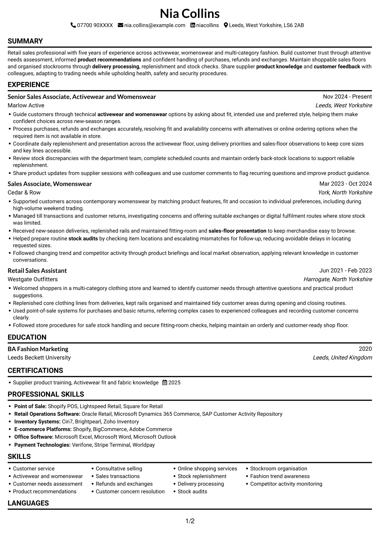 CV example — page 1