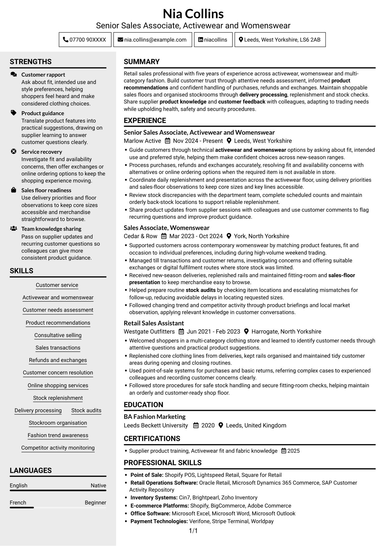 CV example — page 1