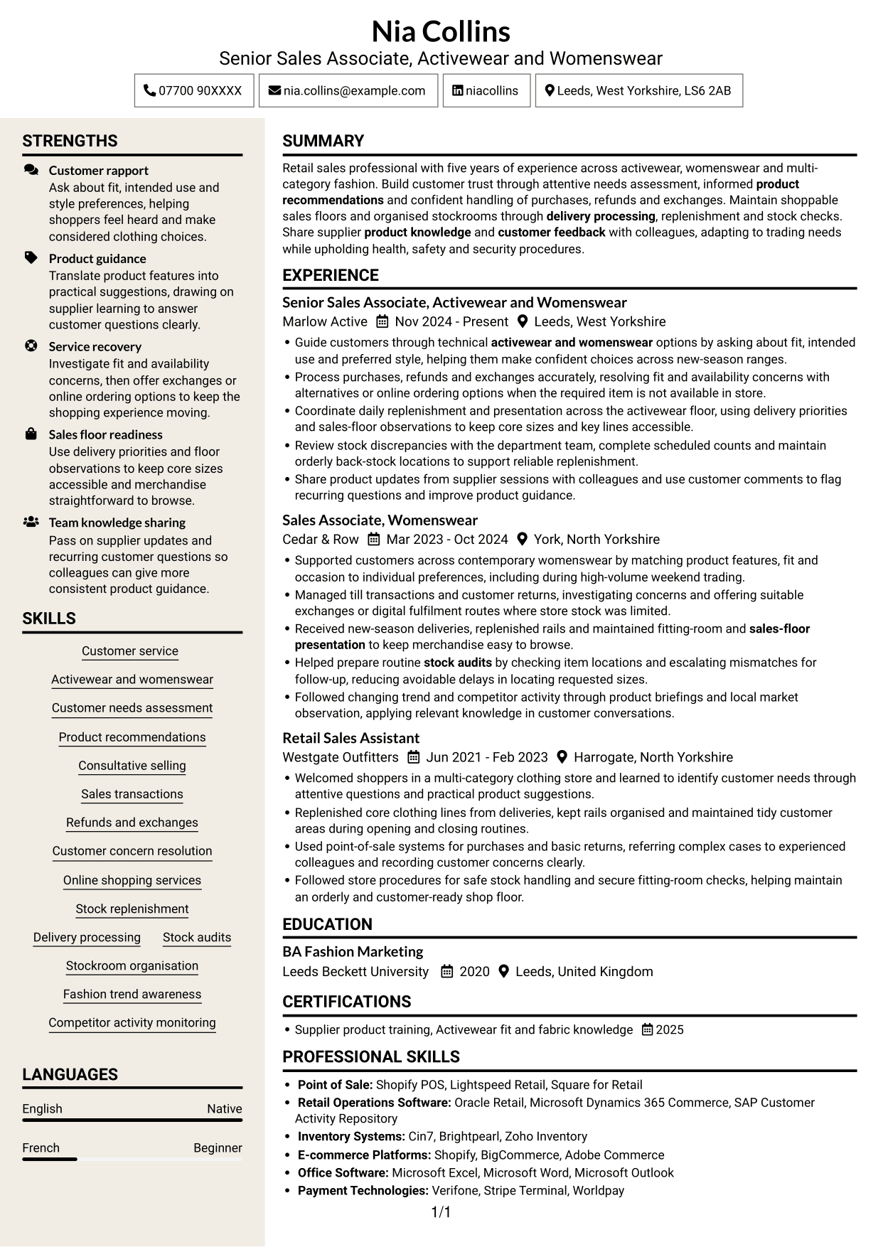 CV example — page 1