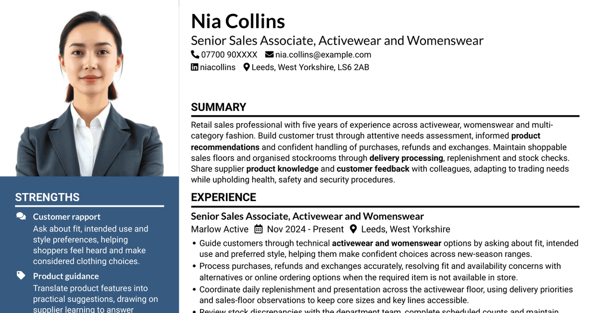7 Sales Associate - Activewear and Womenswear CV Templates with Example