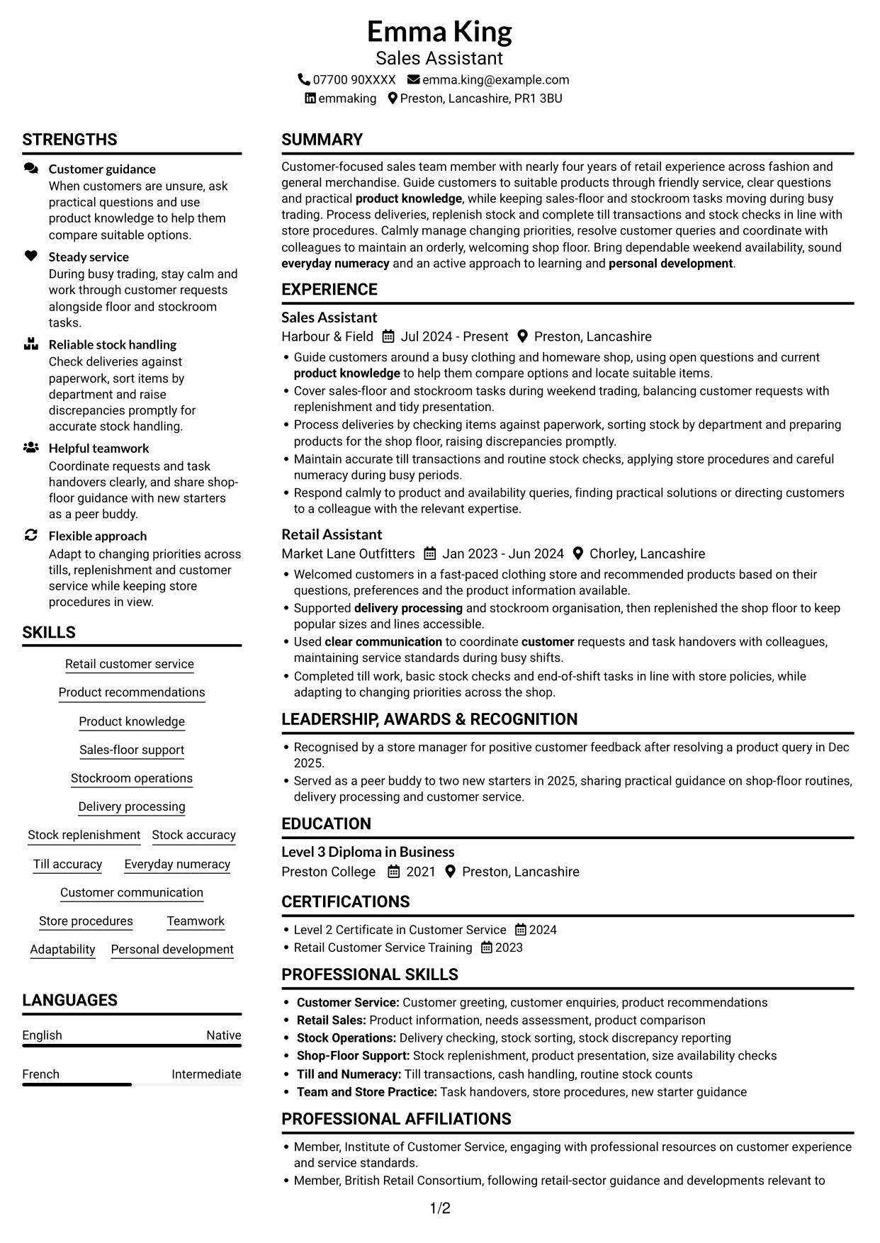 CV example — page 1