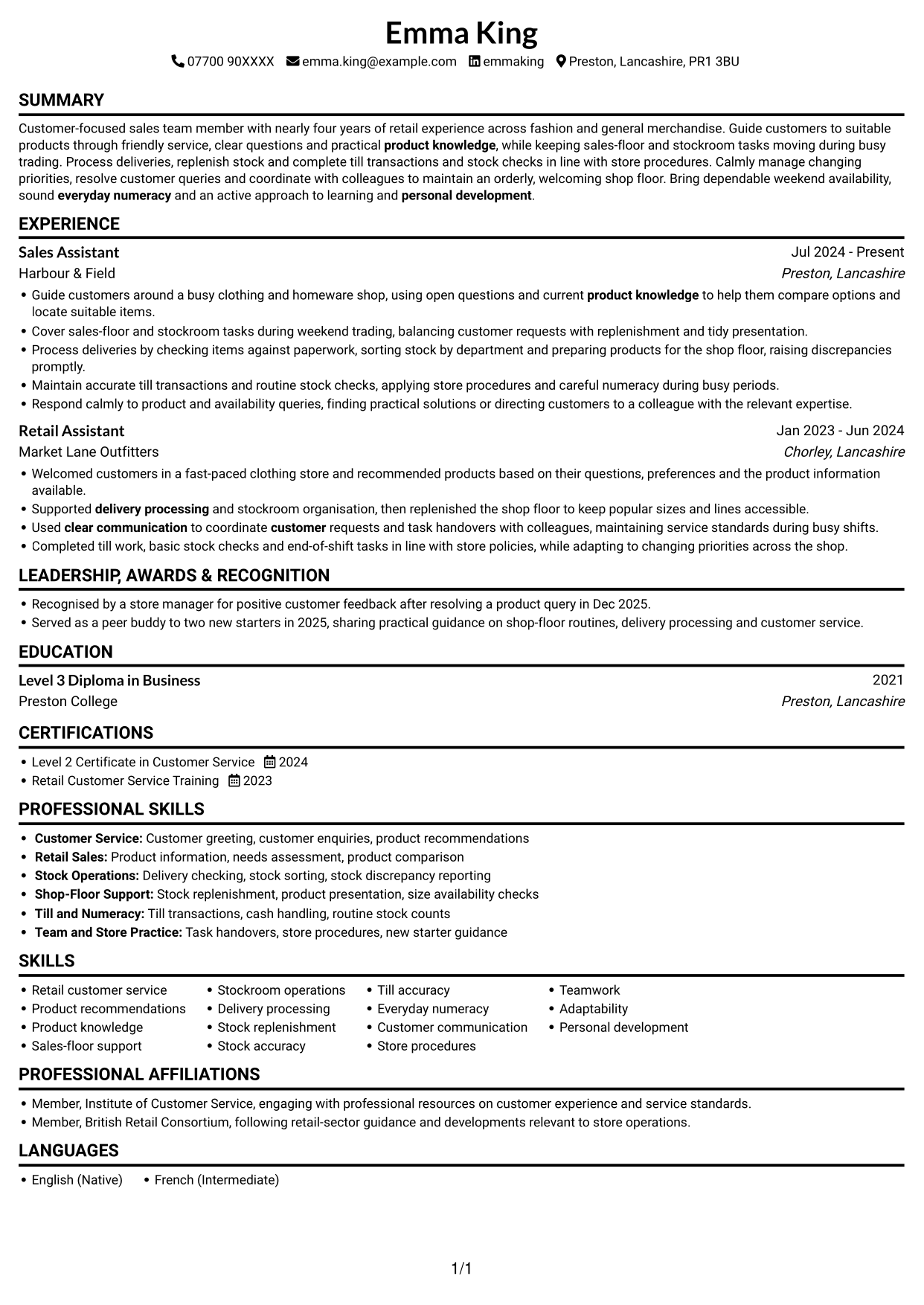 CV example — page 1