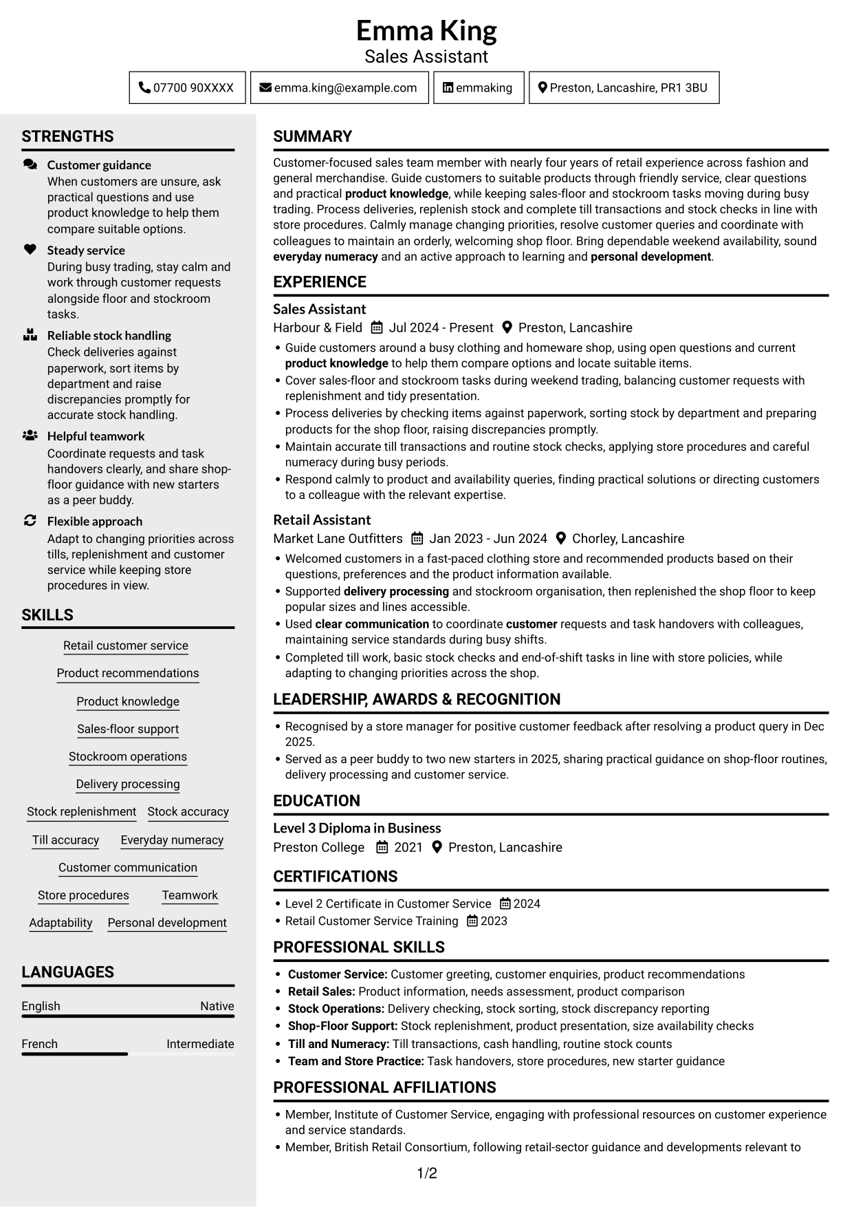 CV example — page 1