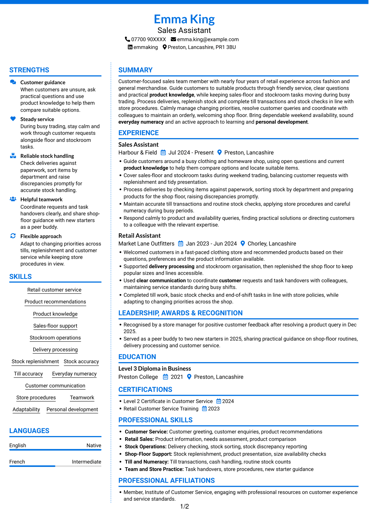 CV example — page 1
