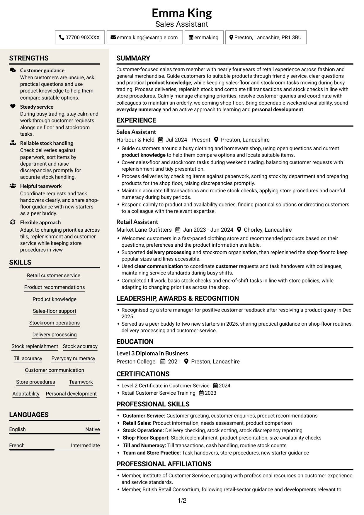 CV example — page 1
