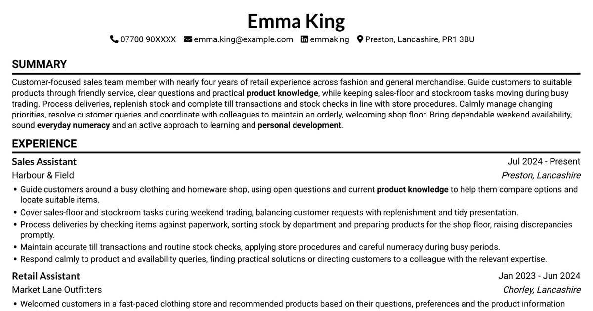 7 Sales Team Member - Customer Service and Stock Operations CV Templates with Example