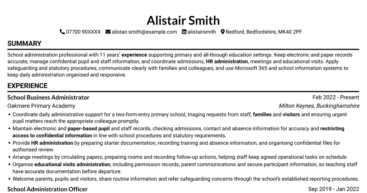 7 School Administrator - Business Support CV Templates with Example