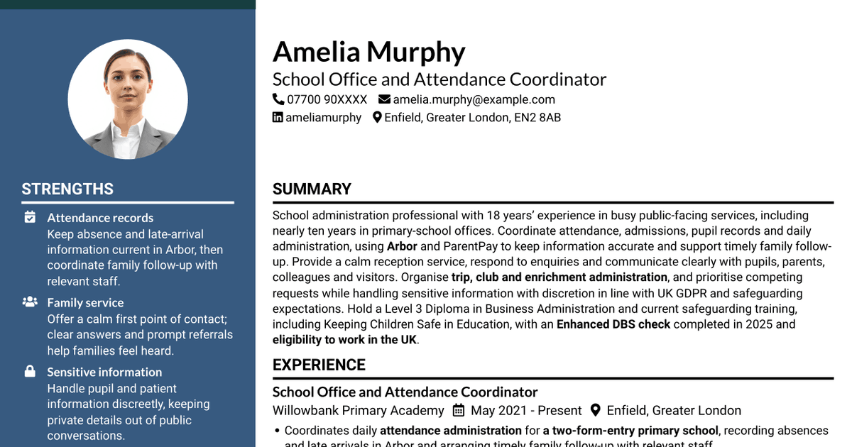 7 School Office Administrator - Attendance and Pupil Administration CV Templates with Example