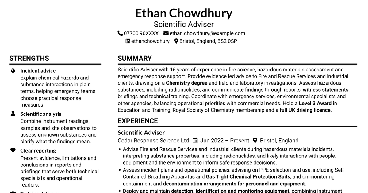 7 Scientific Adviser - Fire and Hazardous Materials CV Templates with Example