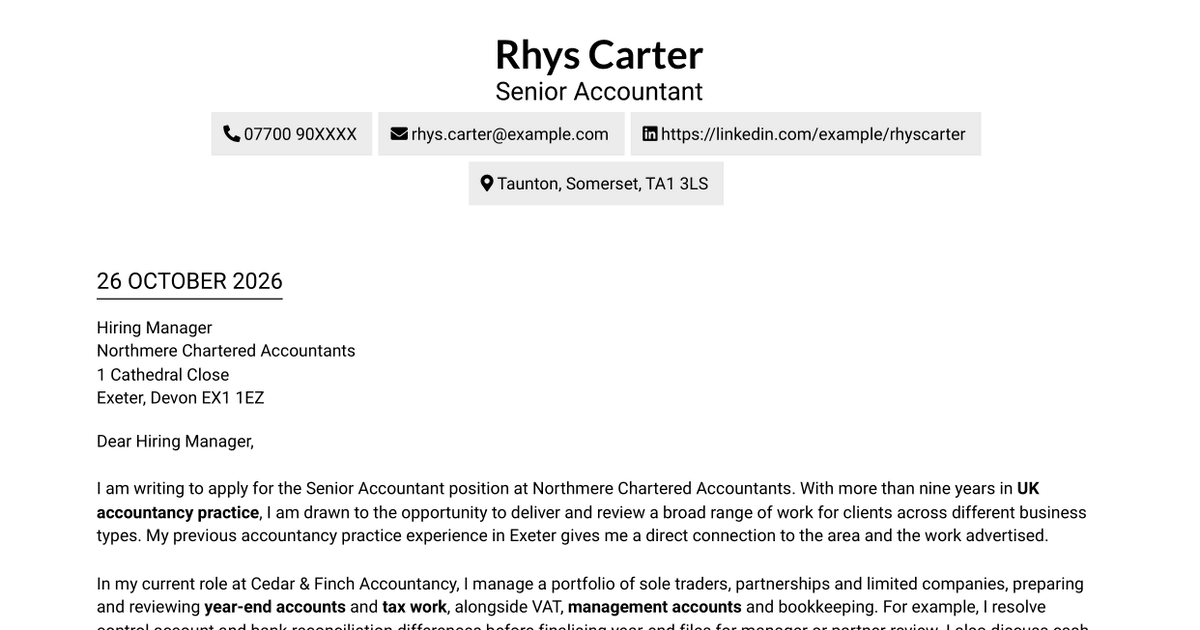 Senior Accountant - Year-End Accounts and Tax Cover Letter