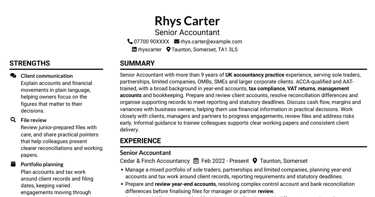 Senior Accountant - Year-End Accounts and Tax CV