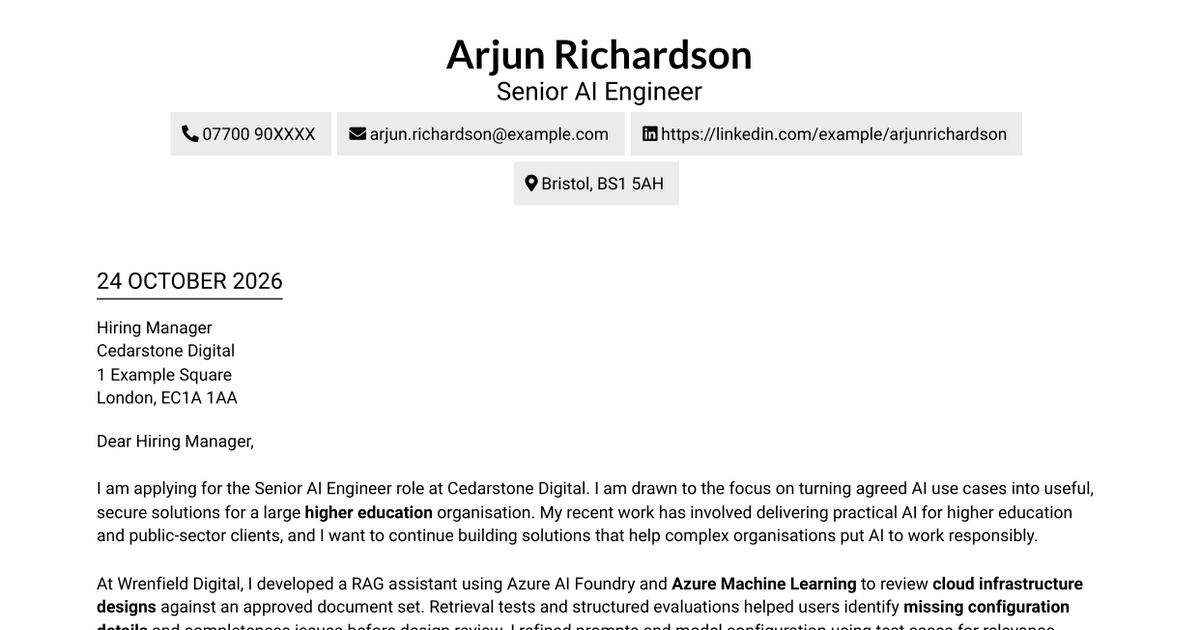 Senior AI Engineer - RAG and AI Assistants Cover Letter