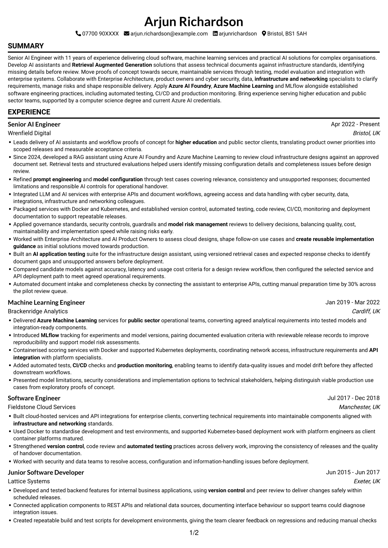 Senior AI Engineer - RAG and AI Assistants CV, page 1