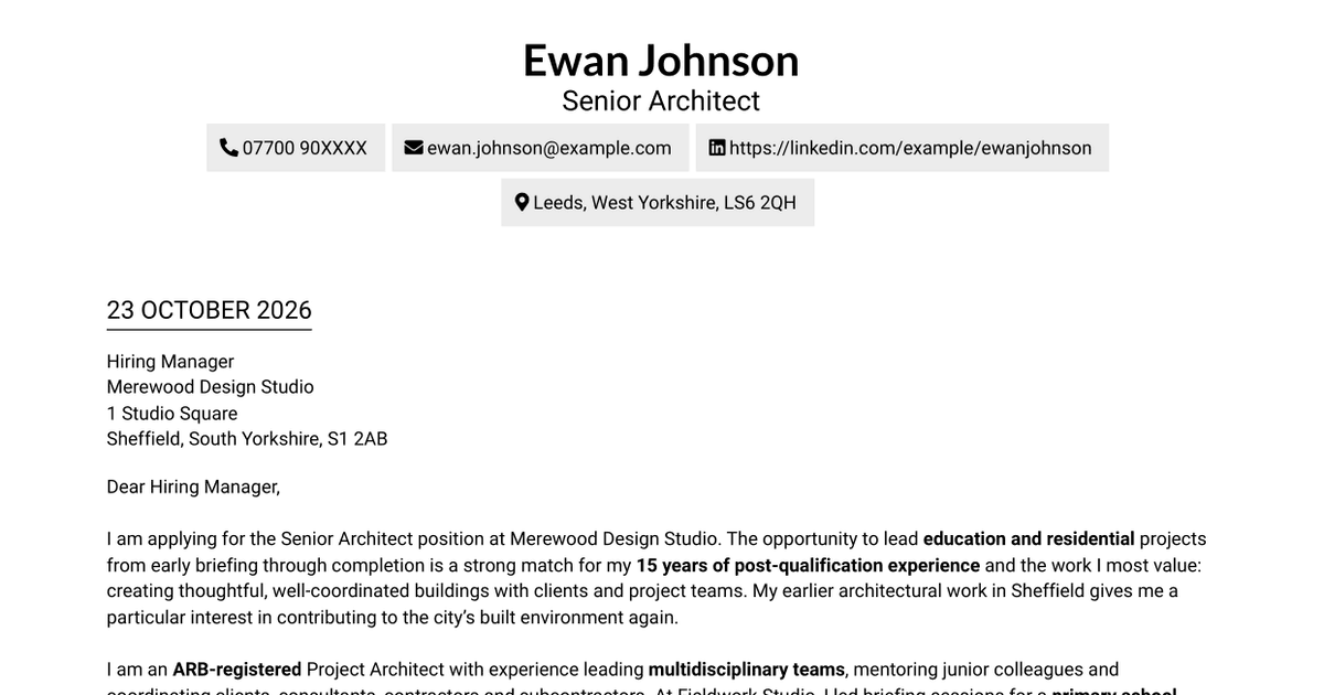 7 Senior Architect - Education and Residential Cover Letter Templates with Example
