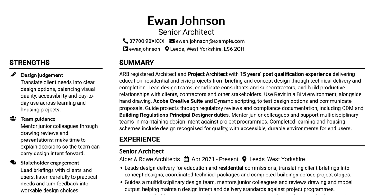 7 Senior Architect - Education and Residential CV Templates with Example