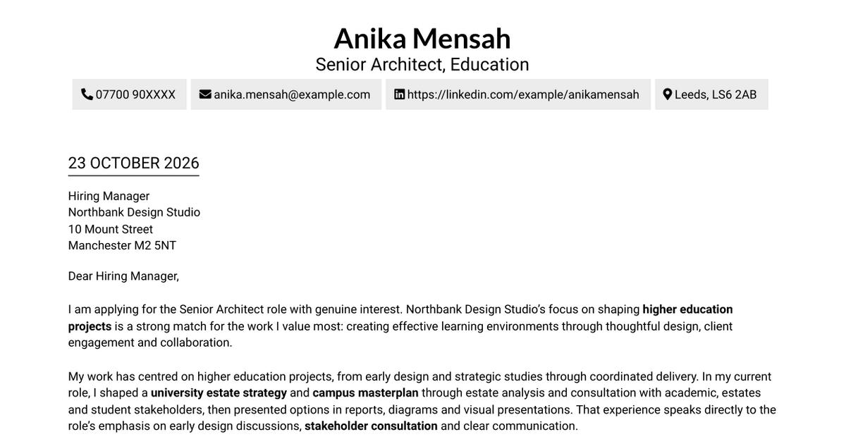 7 Senior Architect - Education Cover Letter Templates with Example
