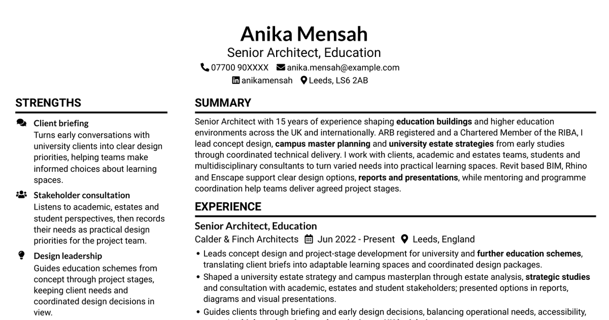 7 Senior Architect - Education CV Templates with Example