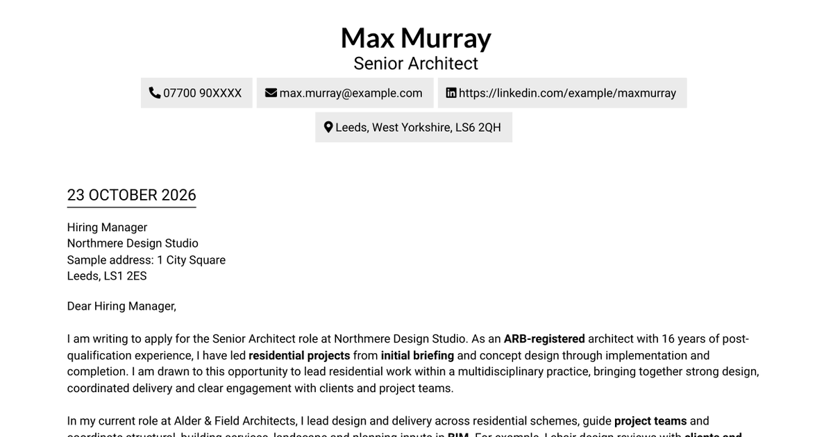 7 Senior Architect - Residential Cover Letter Templates with Example