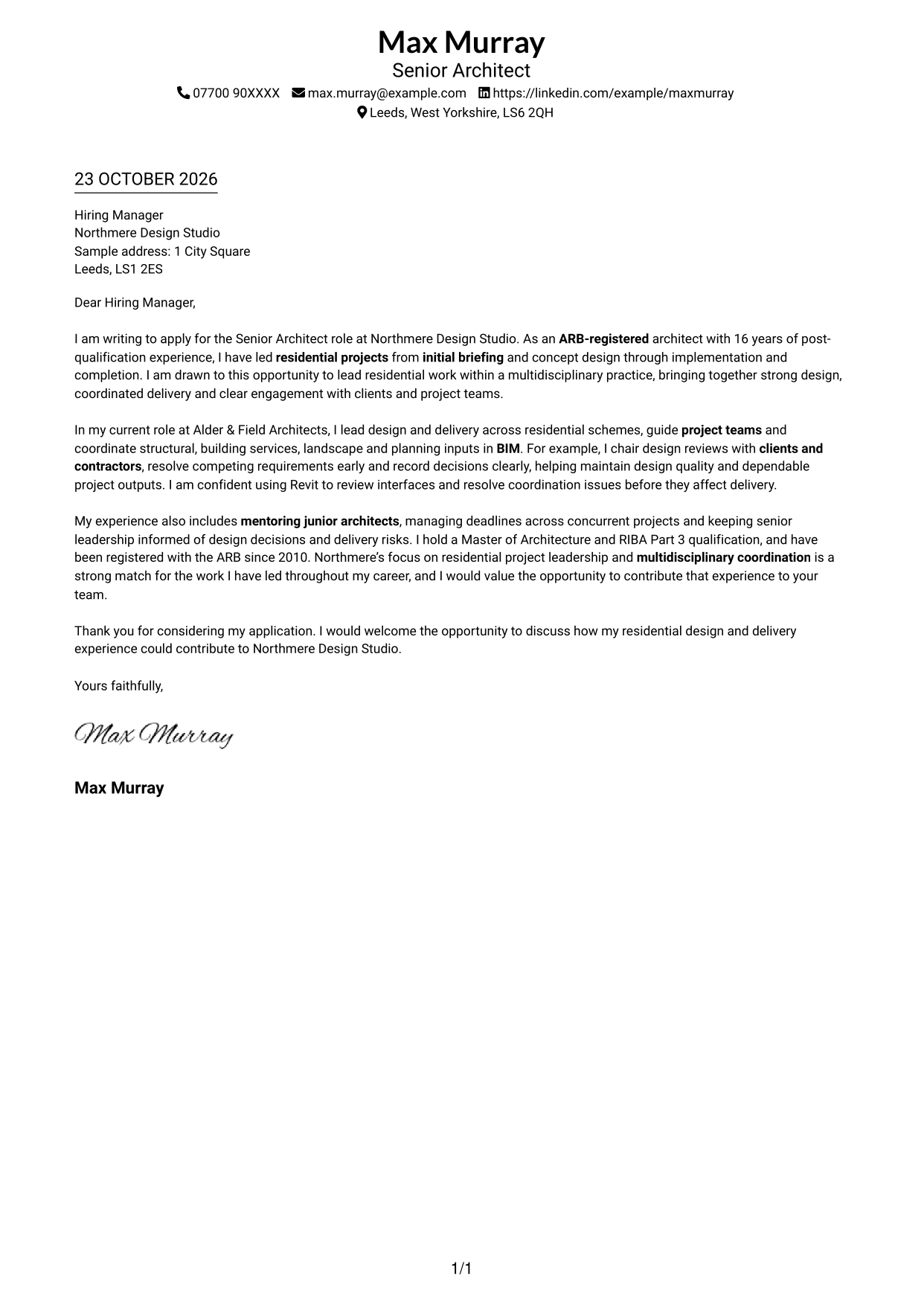 Cover letter example — page 1