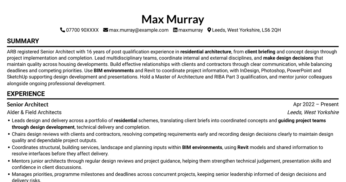 7 Senior Architect - Residential CV Templates with Example