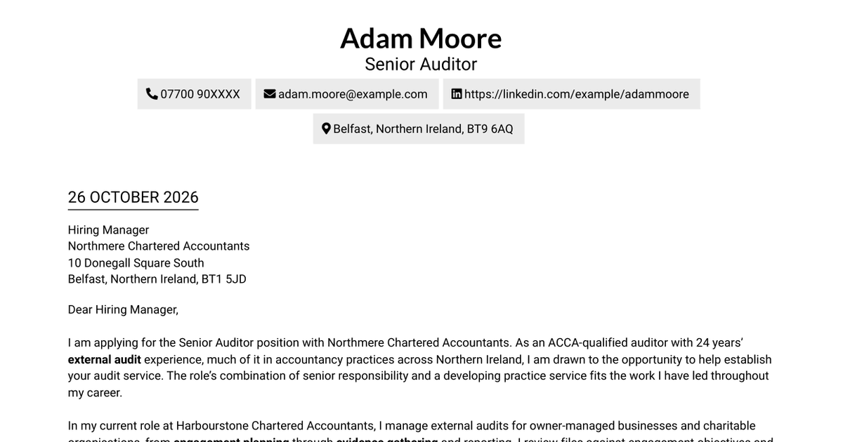 Senior Auditor - External Audit Cover Letter