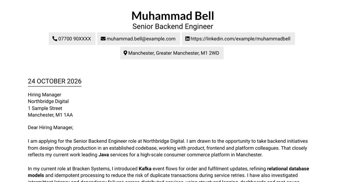 Senior Backend Engineer (Java) Cover Letter