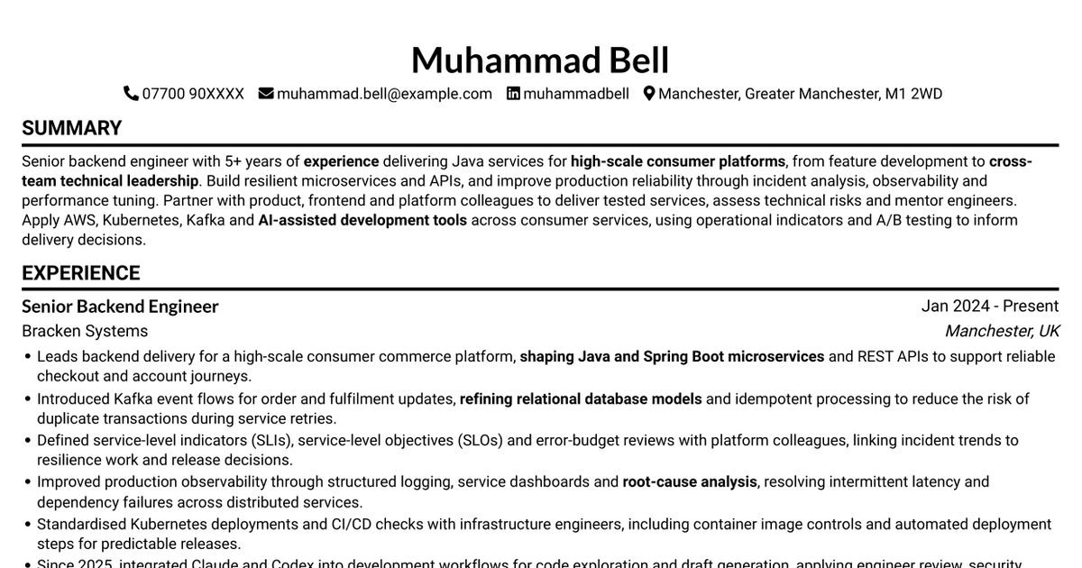 Senior Backend Engineer (Java) CV