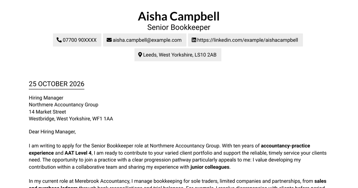 Senior Bookkeeper - Accountancy Practice Cover Letter