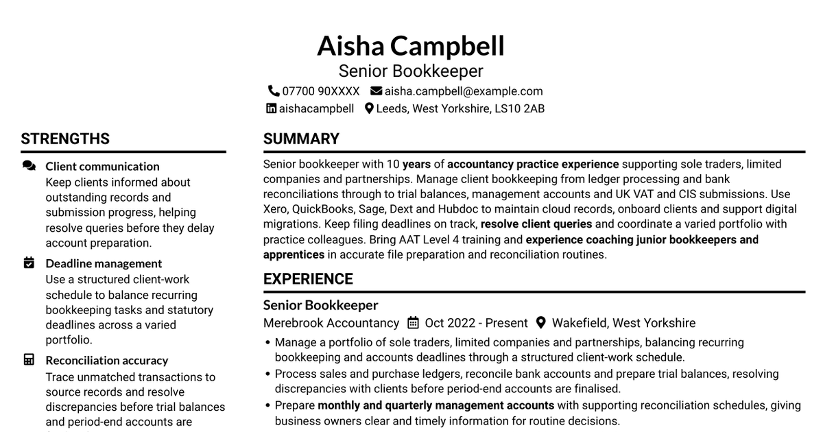 Senior Bookkeeper - Accountancy Practice CV