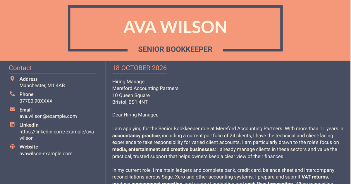 7 Senior Bookkeeper Media Cover Letter Templates with Example