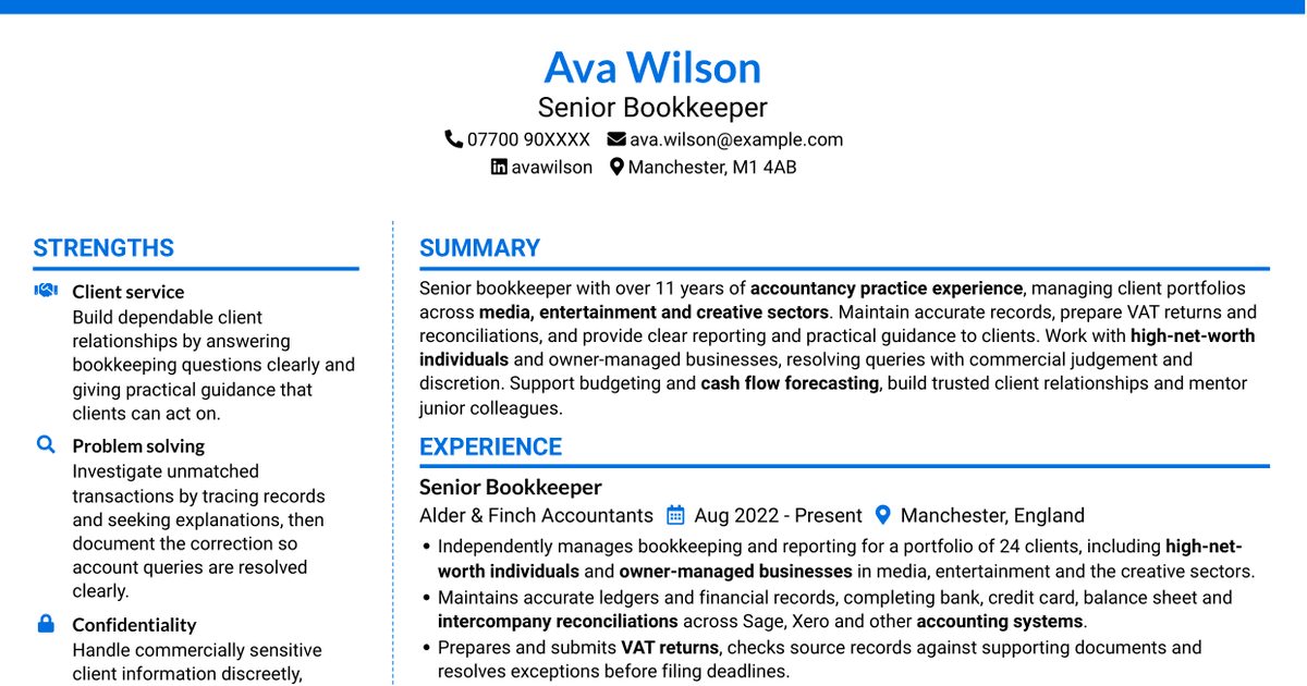 7 Senior Bookkeeper Media CV Templates with Example