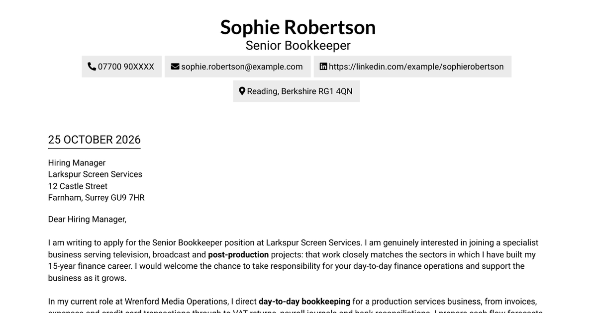 Senior Bookkeeper - Media Production Finance Cover Letter