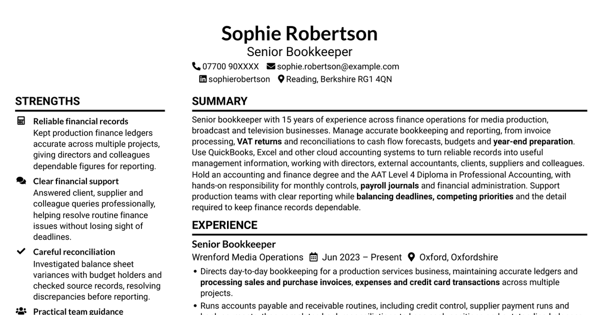 Senior Bookkeeper - Media Production Finance CV