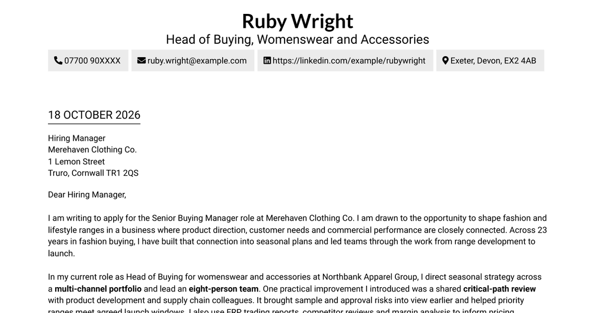 7 Senior Buying Manager - Fashion Retail Cover Letter Templates with Example