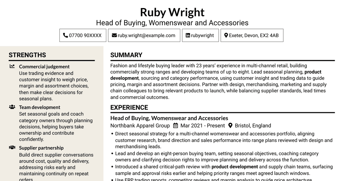 7 Senior Buying Manager - Fashion Retail CV Templates with Example