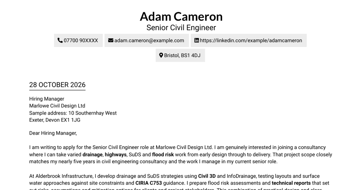 7 Senior Civil Engineer - Drainage, Highways and SuDS Cover Letter Templates with Example