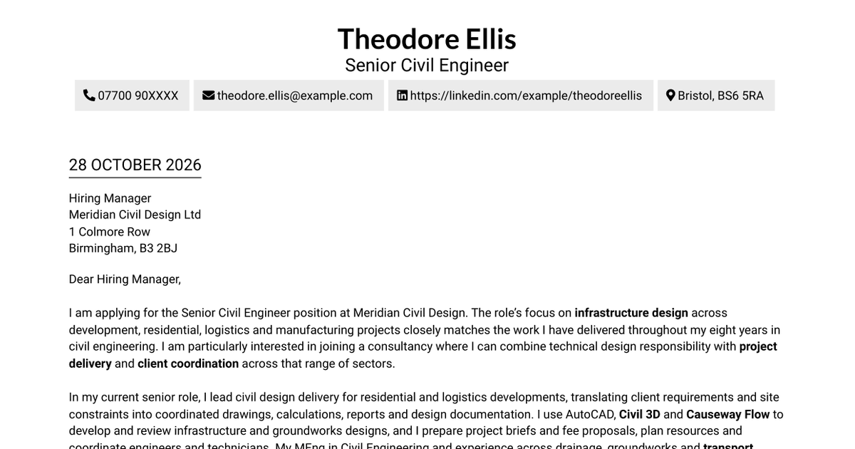 7 Senior Civil Engineer - Infrastructure Design Cover Letter Templates with Example