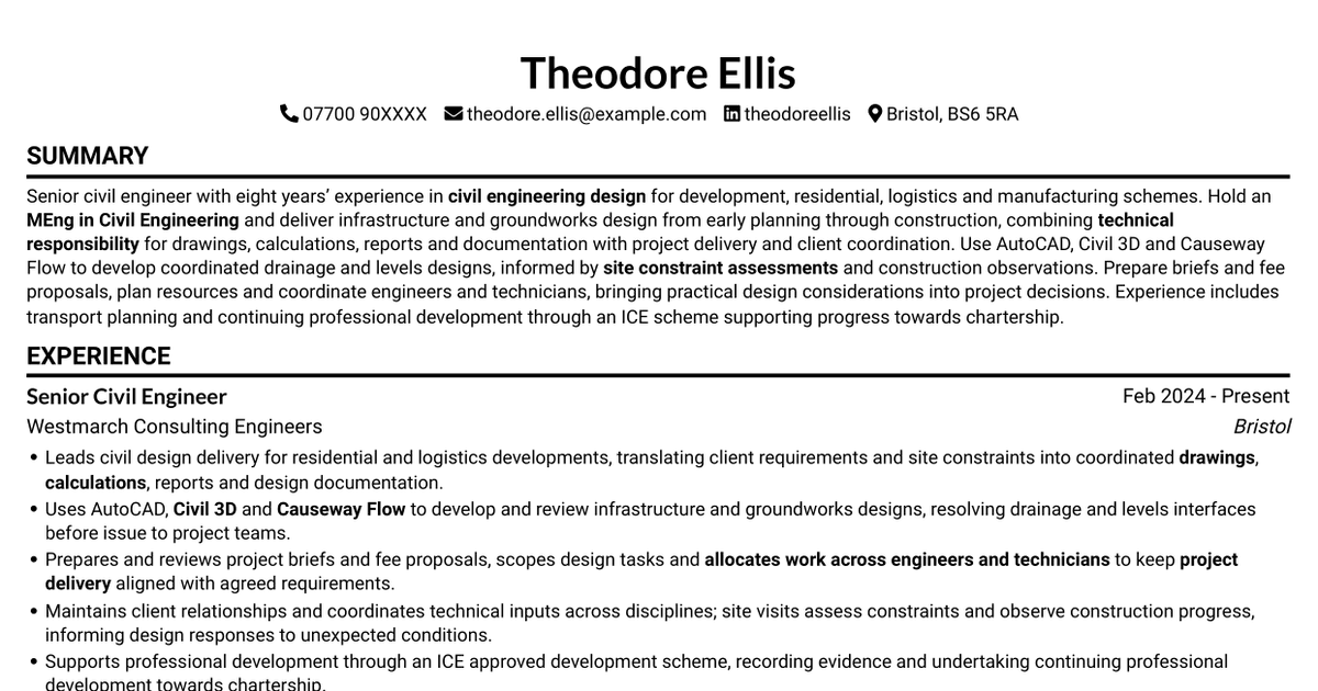 7 Senior Civil Engineer - Infrastructure Design CV Templates with Example