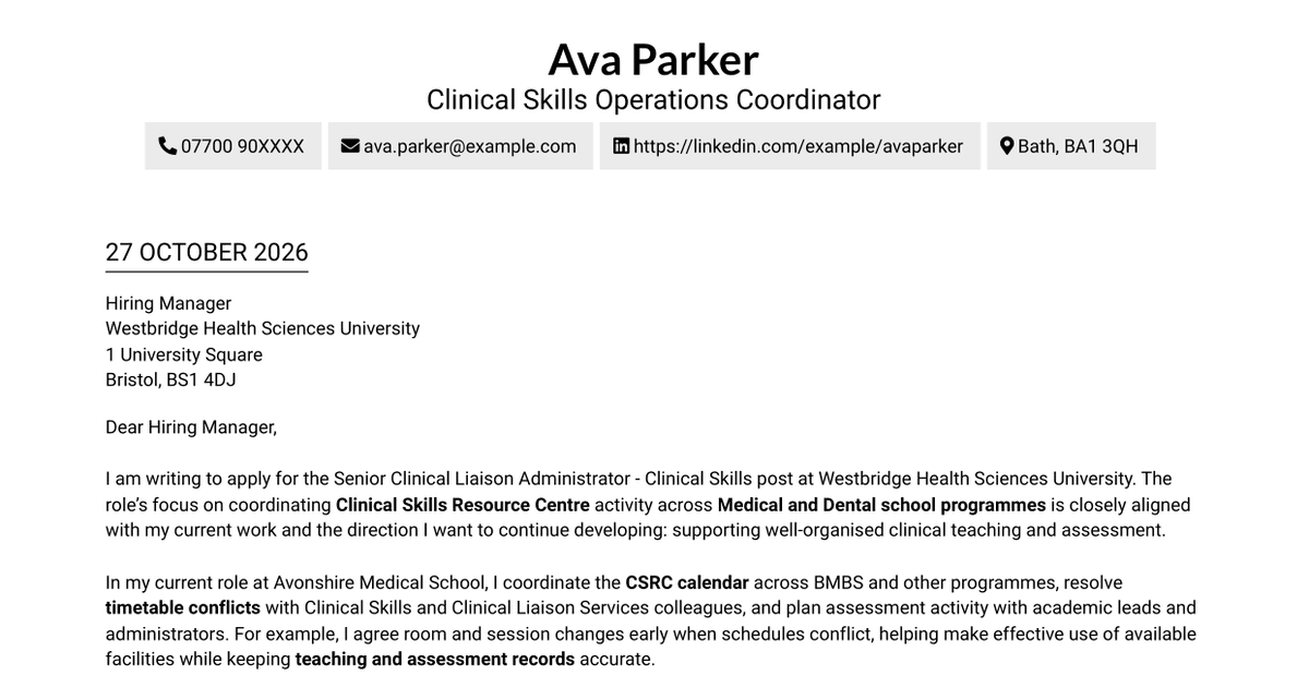 7 Senior Clinical Liaison Administrator - Clinical Skills Cover Letter Templates with Example
