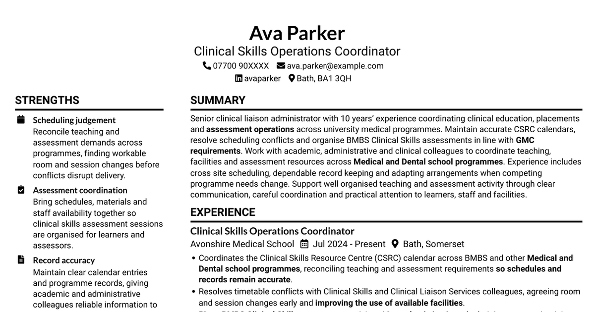 7 Senior Clinical Liaison Administrator - Clinical Skills CV Templates with Example