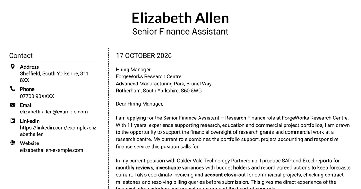 7 Senior Finance Assistant - Research Finance Cover Letter Templates with Example